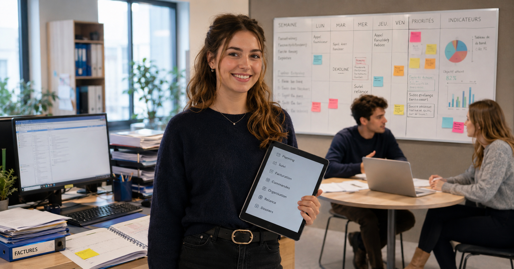 jeune assistante de gestion dans une startup présentant sa feuille de route sur sa tablette